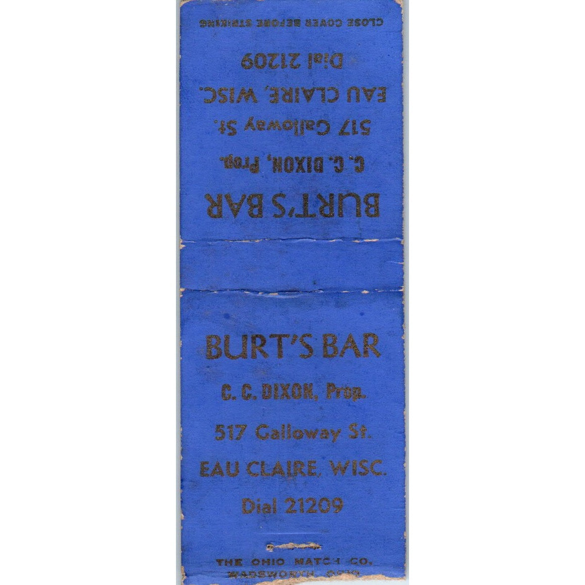 Burt's Bar C.C. Dixon Eau Claire WI Vintage Matchbook Cover SD2-Y12