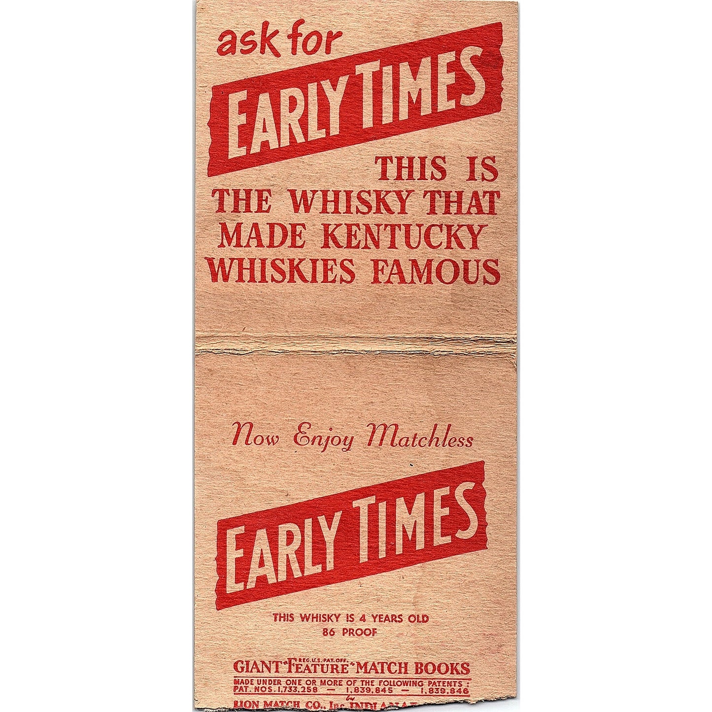 Early Times Distillery Co Louisville KY Giant Matchbook Cover TH2-Y4