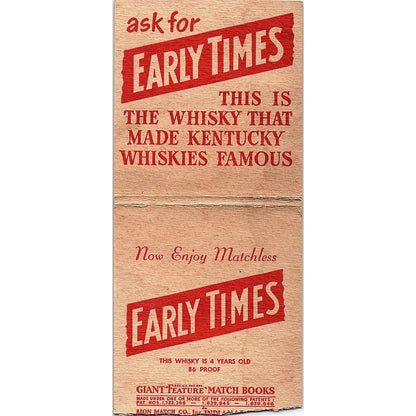 Early Times Distillery Co Louisville KY Giant Matchbook Cover TH2-Y4