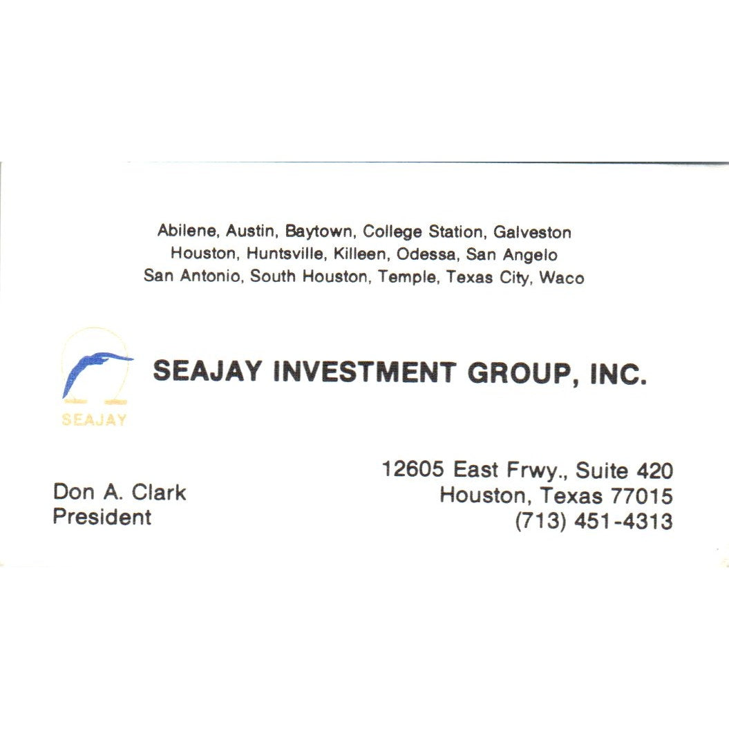 Don A. Clark Seajay Investment Group Houston TX Vintage Business Card SD8-B4
