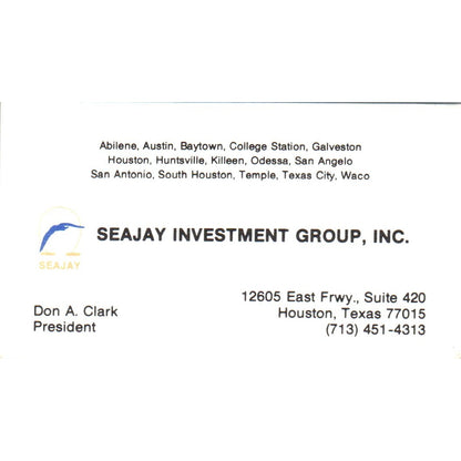 Don A. Clark Seajay Investment Group Houston TX Vintage Business Card SD8-B4