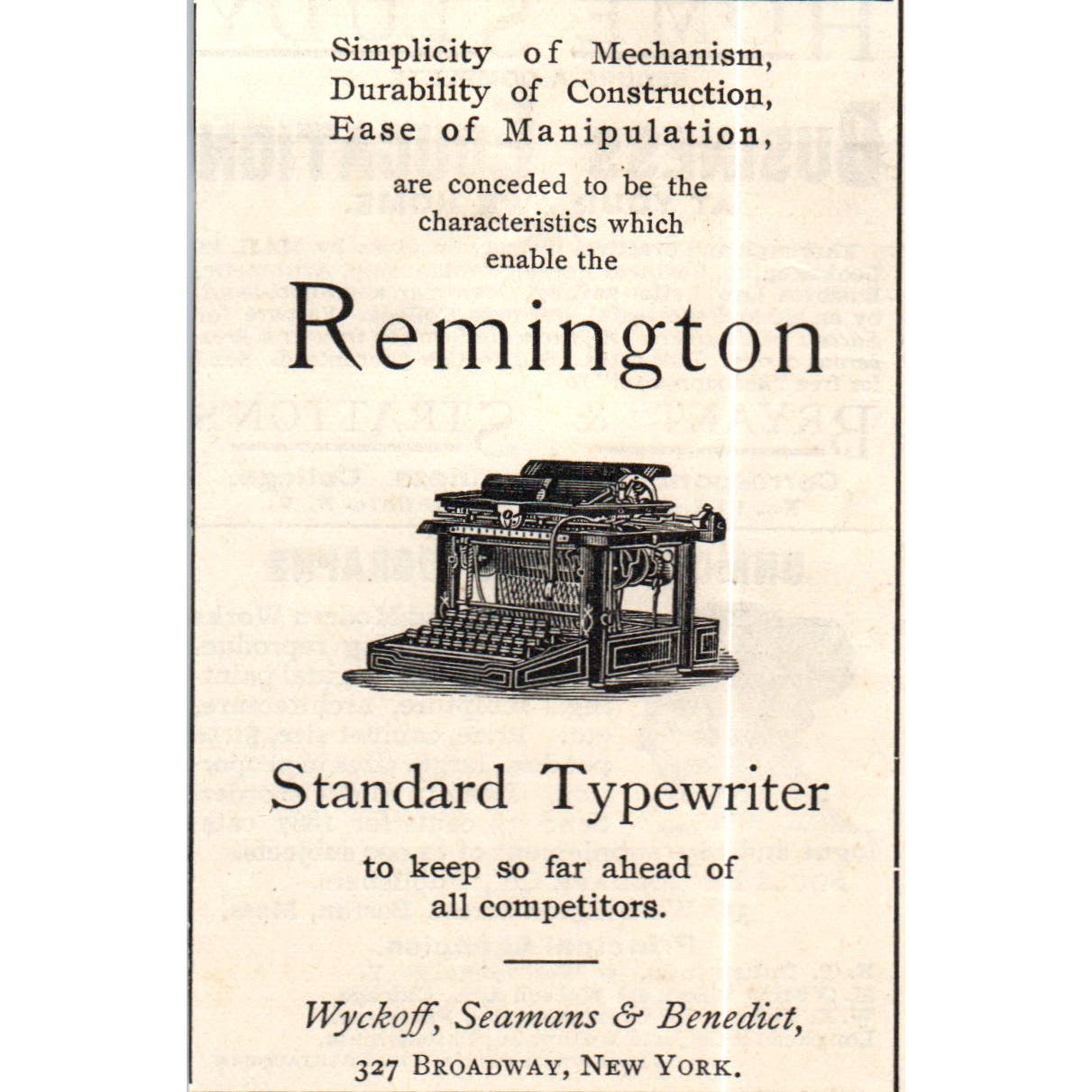 Remington Standard Typewriter Wyckoff, Seamans & Benedict NY c1890 Ad AE8-CH8