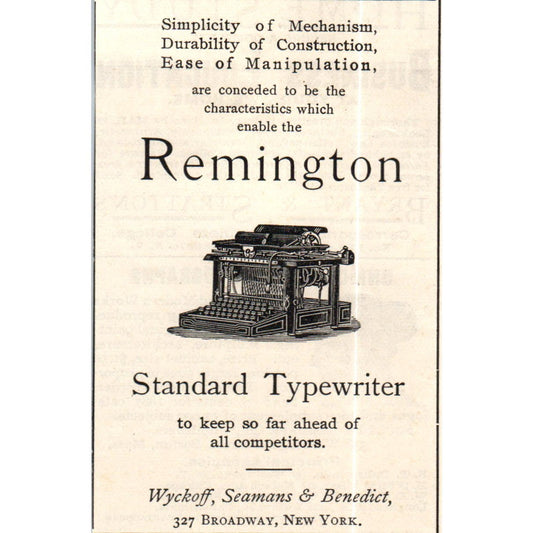 Remington Standard Typewriter Wyckoff, Seamans & Benedict NY c1890 Ad AE8-CH8
