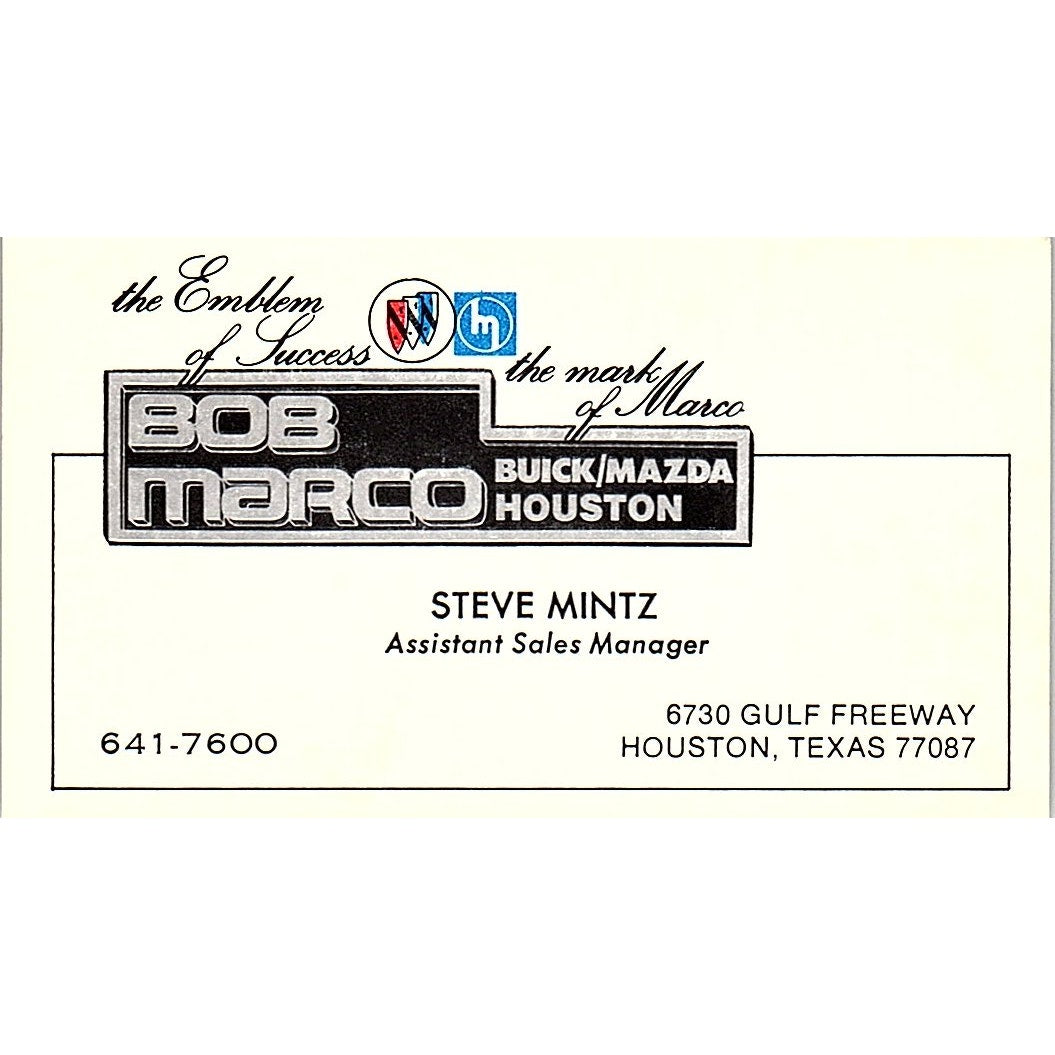 Steve Mintz Bob Marco Buick Mazda Houston Vintage Business Card SD9-B6