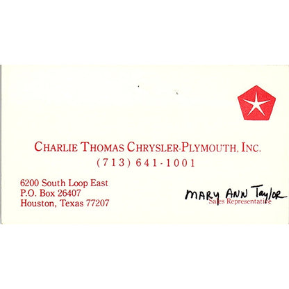Mary Ann Taylor Charlie Thomas Chrysler Plymouth Houston Business Card SD9-B6