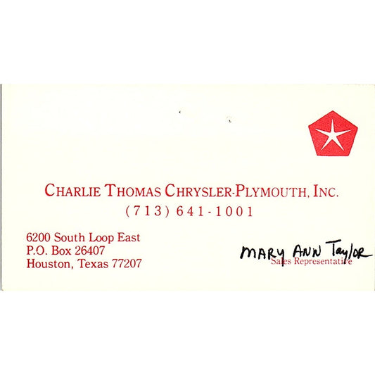 Mary Ann Taylor Charlie Thomas Chrysler Plymouth Houston Business Card SD9-B6