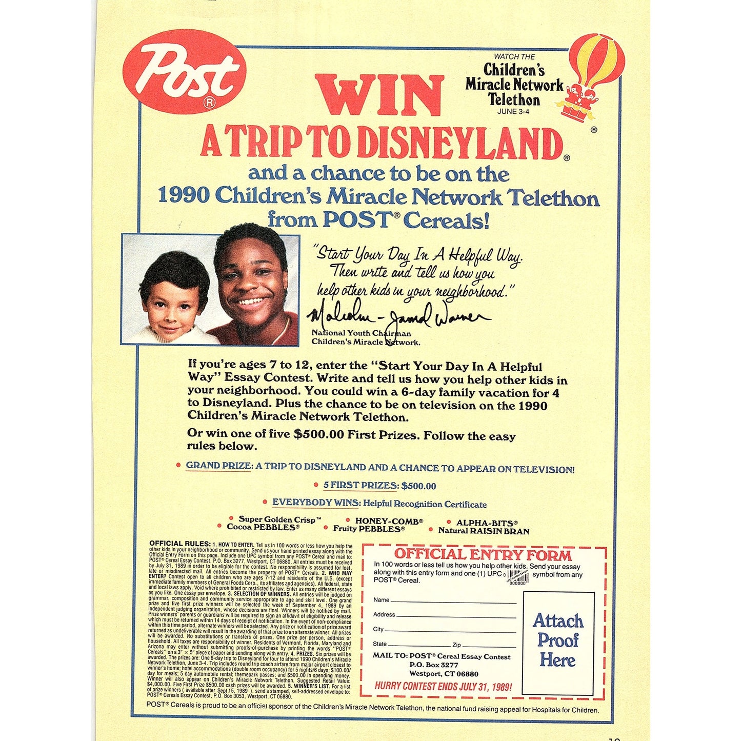 Post Win a Trip to Disneyland Malcolm Jamal Warner 1989 Ad AF3-1