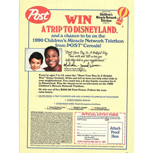 Post Win a Trip to Disneyland Malcolm Jamal Warner 1989 Ad AF3-1