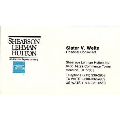 Slater V Welte Shearson Lehman Hutton Halston Vintage Business Card SC9-B7