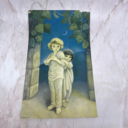 Young Children in the Moonlight Kitsch Vintage Art Print Lithograph 10x16 FL6-3