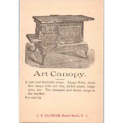 Art Canopy Wood Stove C.E. Dunham Bound Brook NJ c1880 Victorian Trade Card AE5