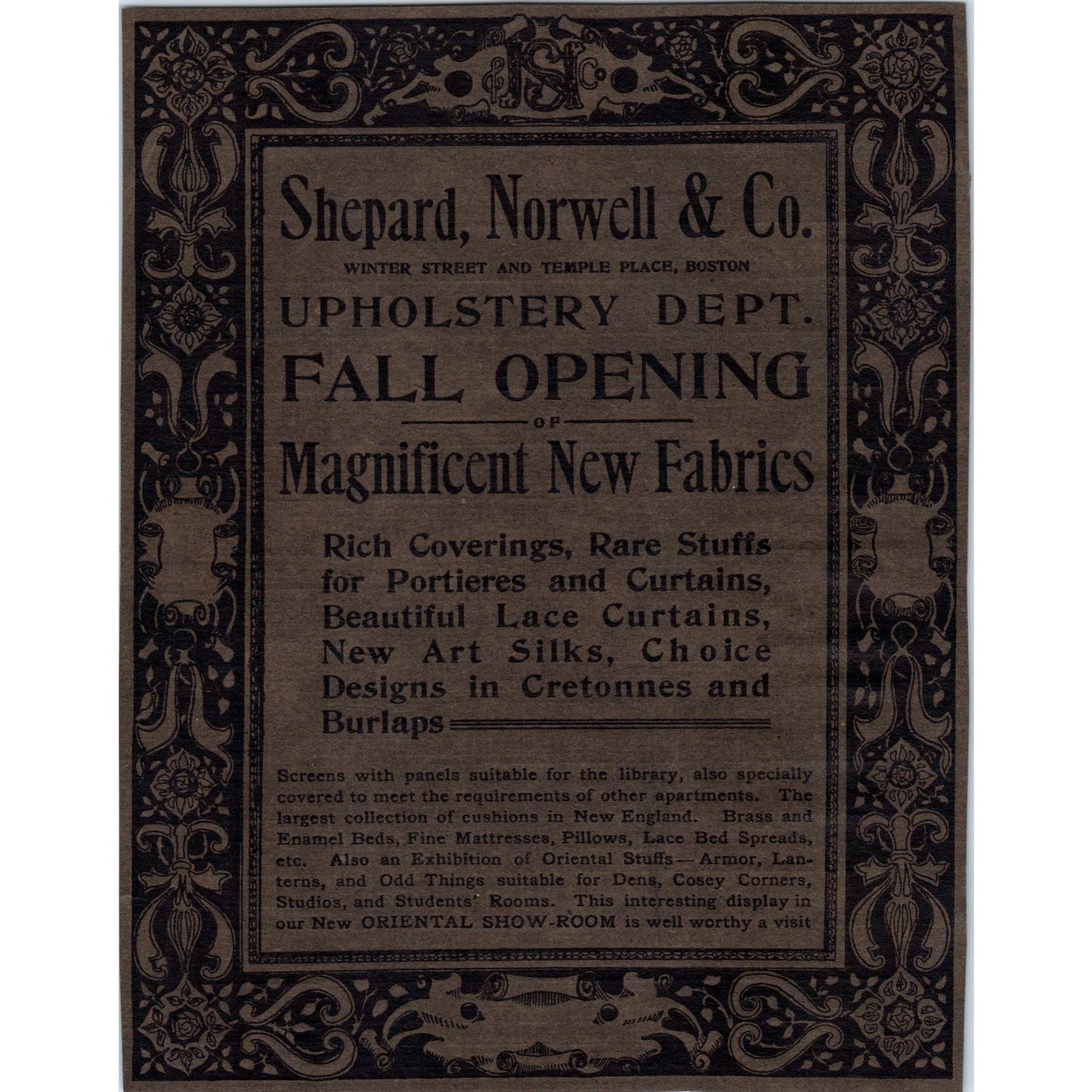 Upholstery Dept Fall Opening Shepard, Norwell Co. Boston c1905 Victorian Ad D12