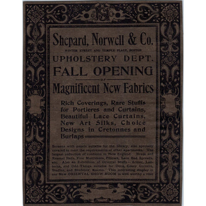 Upholstery Dept Fall Opening Shepard, Norwell Co. Boston c1905 Victorian Ad D12