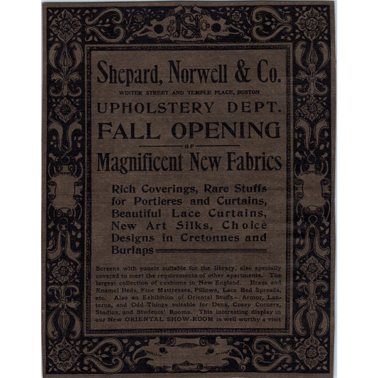 Upholstery Dept Fall Opening Shepard, Norwell Co. Boston c1905 Victorian Ad D12