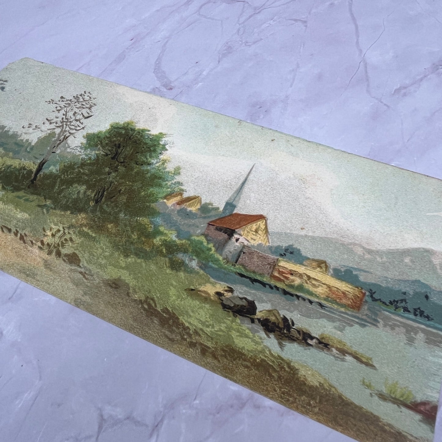 Antique c1920s Original Oil Painting Country Church Steeple Lake Mountains V18