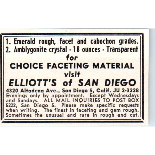 Elliott's of San Diego CA Lapidary Faceting 1964 Magazine Ad AB6-M1