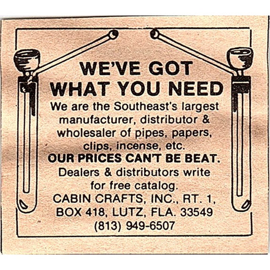 Cabin Crafts Papers, Clips, Incense Lutz Florida 2x2 1974 Ad AF6-M1