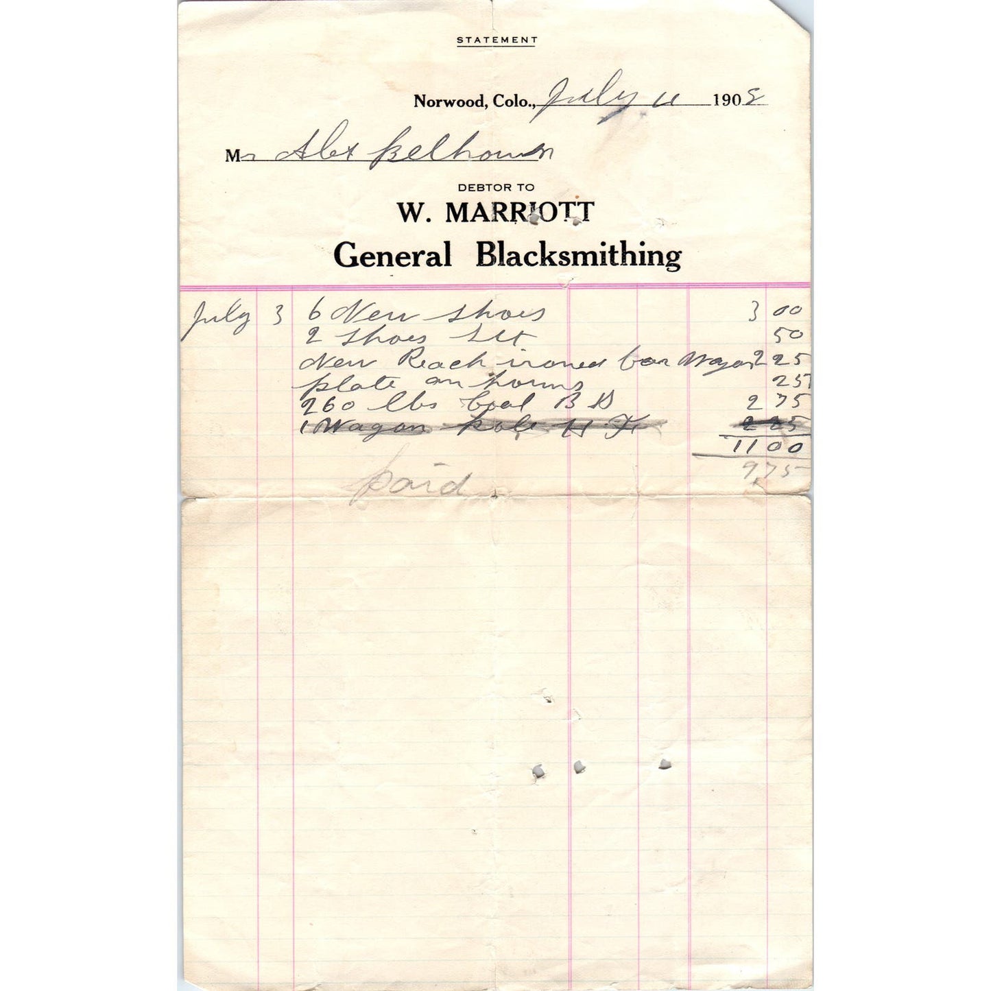 W Marriott Blacksmith Norwood CO 1905 Original Billhead Letterhead Receipt D8-LL