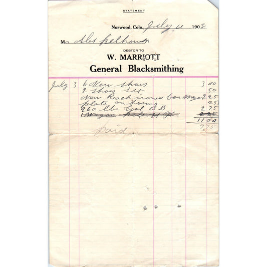 W Marriott Blacksmith Norwood CO 1905 Original Billhead Letterhead Receipt D8-LL