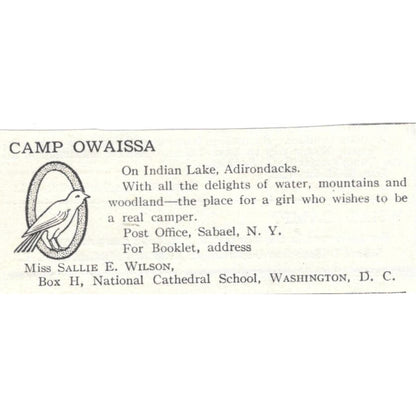 Camp Owaissa Indian Lake Adirondacks Sallie E Wilson c1918 Advertisement AE5-SV2