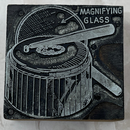 Magnifying Glass Desktop Pen Holder Vintage Letterpress Printers Block Plate TK3