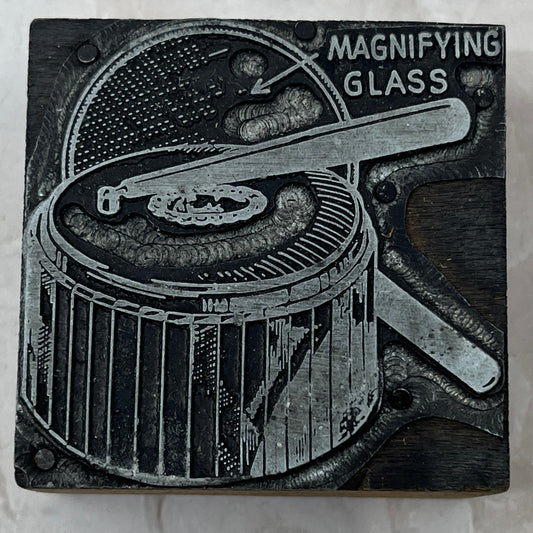 Magnifying Glass Desktop Pen Holder Vintage Letterpress Printers Block Plate TK3