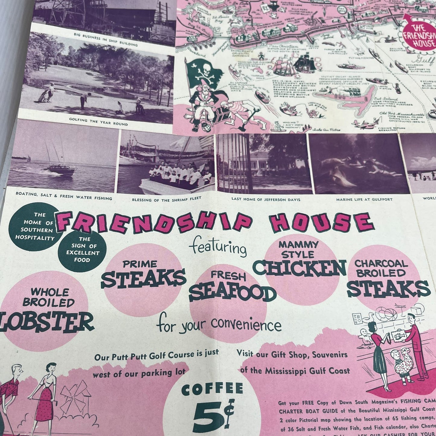 1960 Down South's Hotel Motel Guide Friendship House Biloxi MS Fold Out TG8-Z