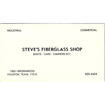 Steve's Fiberglass Shop Houston TX Vintage Business Card SE3-B13