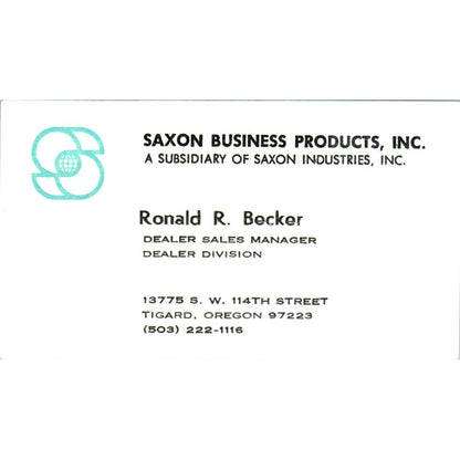 Ronald R. Becker Saxon Business Products Tigard OR Vintage Business Card SE3-B5