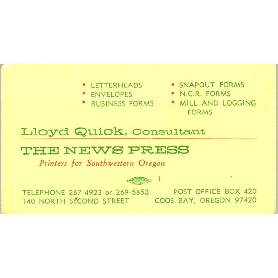 Lloyd Quick The News Press Coos Bay Oregon Vintage Business Card SD8-B20