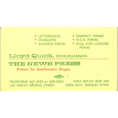 Lloyd Quick The News Press Coos Bay Oregon Vintage Business Card SD8-B20