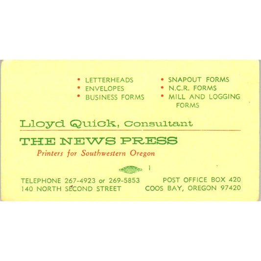 Lloyd Quick The News Press Coos Bay Oregon Vintage Business Card SD8-B20