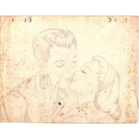1940s Original Sketch of a Young Man & Woman Kissing Winifred Schutsky D26-21