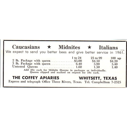 The Coffey Apiaries Whitsett Texas 1961 Magazine Ad AB6-LB