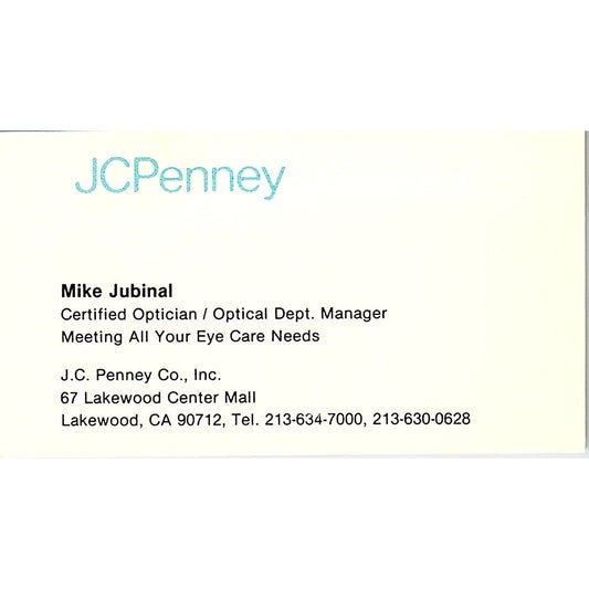 Mike Jubinal JCPenney Lakewood CA Vintage Business Card SC9-B1