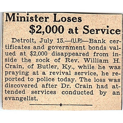 Rev William H Crain of Butler KY Loses $2000 at Service 1935 Article AG6-M3