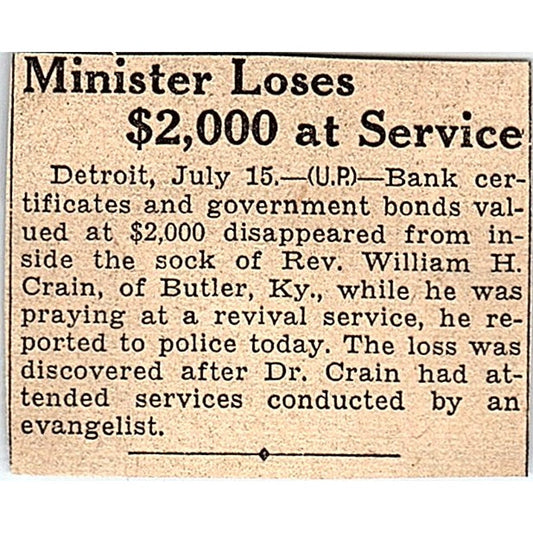 Rev William H Crain of Butler KY Loses $2000 at Service 1935 Article AG6-M3