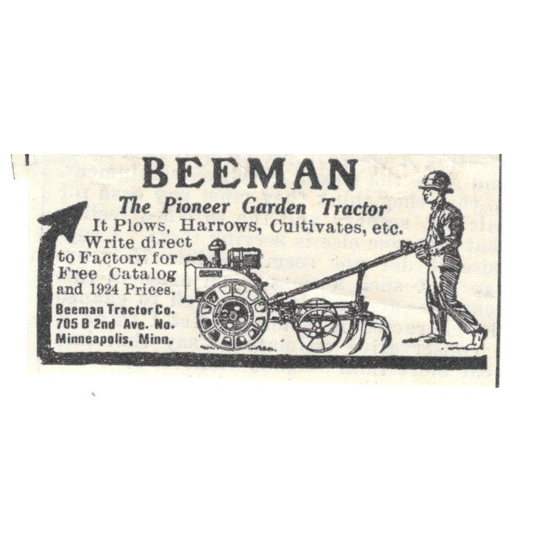 Beeman Pioneer Garden Tractor Beeman Tractor Co Minneapolis MN 1924 Ad AG3-S3