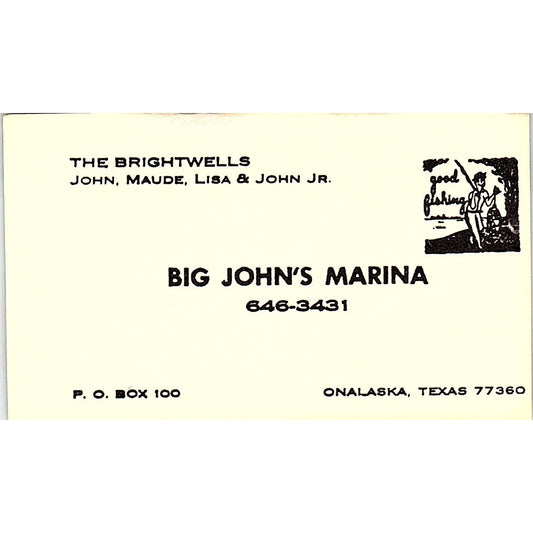 The Brightwells Big John's Marina Onalaska Texas Vintage Business Card SB4-B10