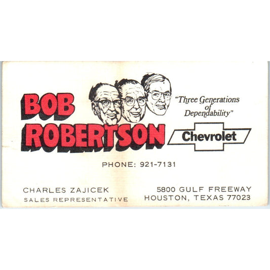 Charles Zajicek Bob Robertson Chevrolet Houston TX Vintage Business Card SE3-B7