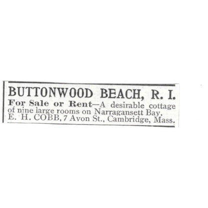 E.H. Cobb Buttonwood Beach RI Cottage for Rent 1903 Ad AG3-S13