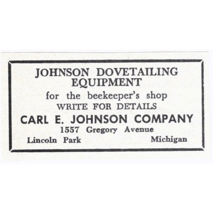 Carl E. Johnson Co Dovetailing Bee Equipment Lincoln Park MI 1964 Ad AB6-S15