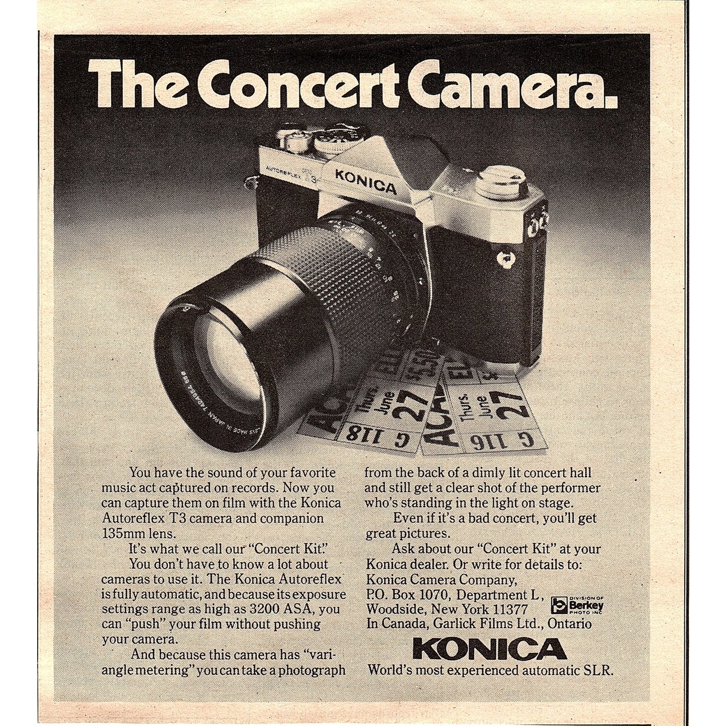 Konica Concert Camera Autoreflex T3 6.5x6 1974 Ad AF6-18