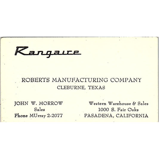 Rangaire Robert Mfg Co John W Morrow Cleburne TX Vintage Business Card SD9-B5