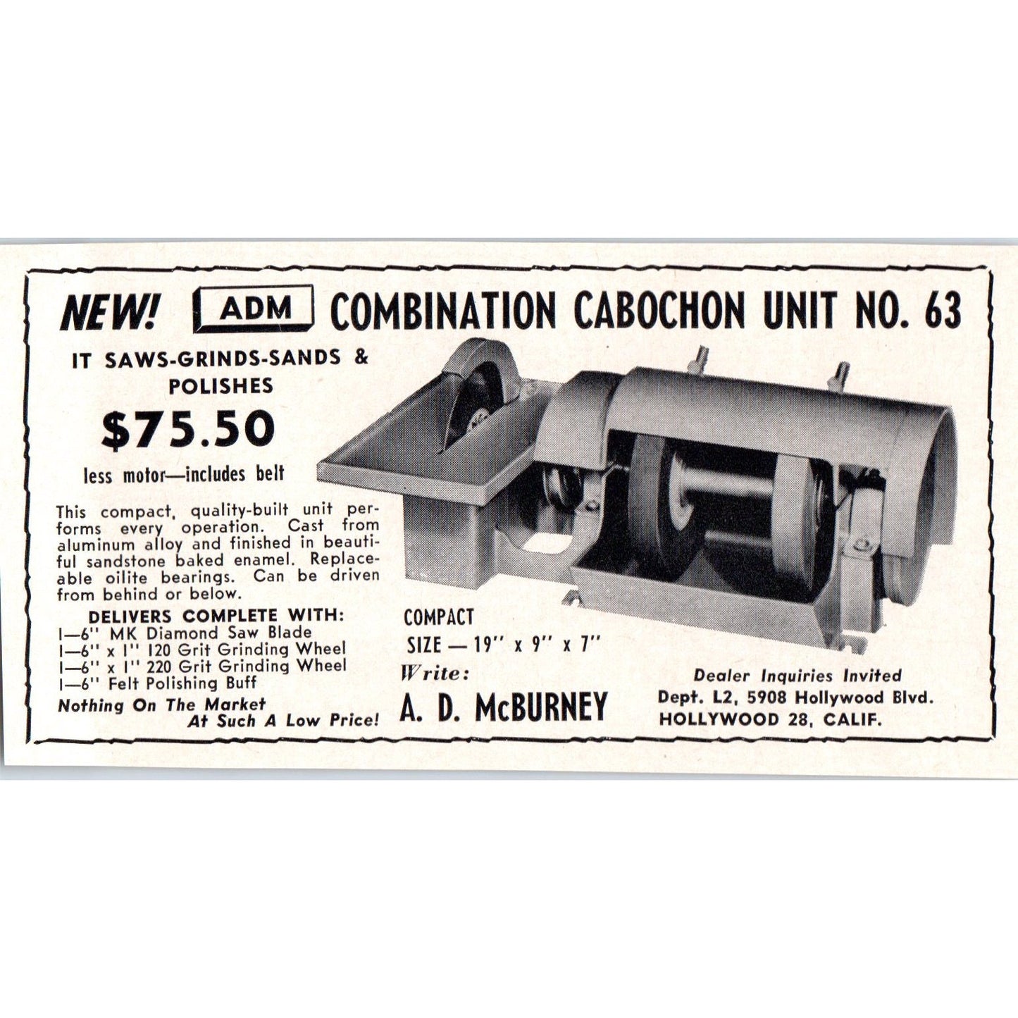 A.D McBurney Cabochon Lapidary Saw Polisher Hollywood CA 1964 Magazine Ad AB6-M3