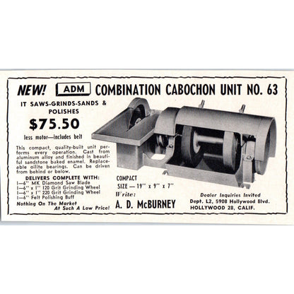 A.D McBurney Cabochon Lapidary Saw Polisher Hollywood CA 1964 Magazine Ad AB6-M3