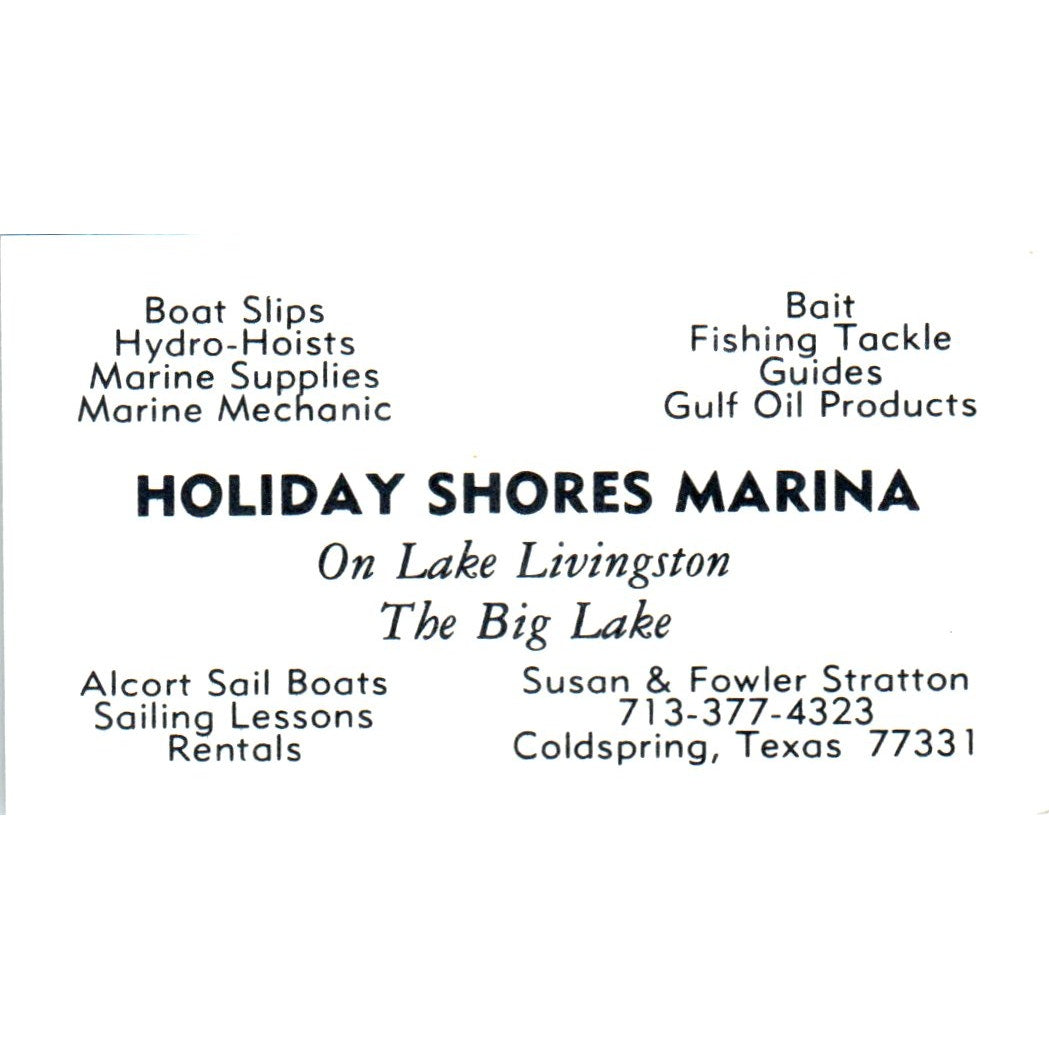 Holiday Shores Marina Susan & Fowler Stratto Coldspring TX Business Card SD8-B8