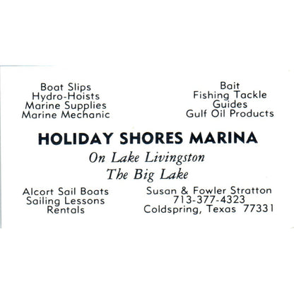Holiday Shores Marina Susan & Fowler Stratto Coldspring TX Business Card SD8-B8