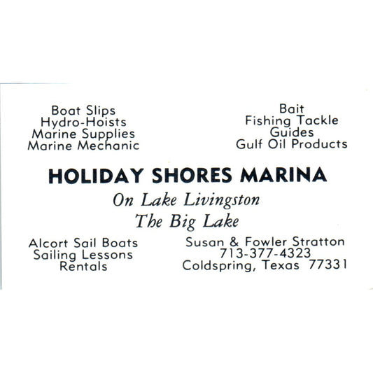 Holiday Shores Marina Susan & Fowler Stratto Coldspring TX Business Card SD8-B8