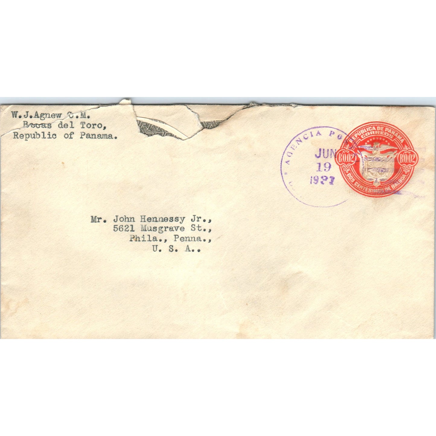 1927 Republic of Panama W.J Agnew to John Hennessy Phila St Postal Cover TG7-PC3